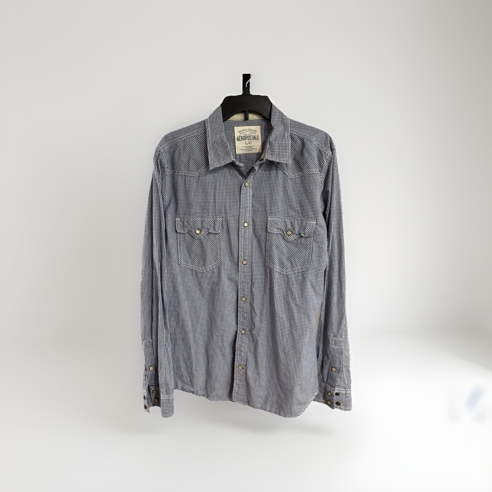 Aeropostale mens cowboy retro blue white check‎ SHIRT snaps button LARGE EUC P18